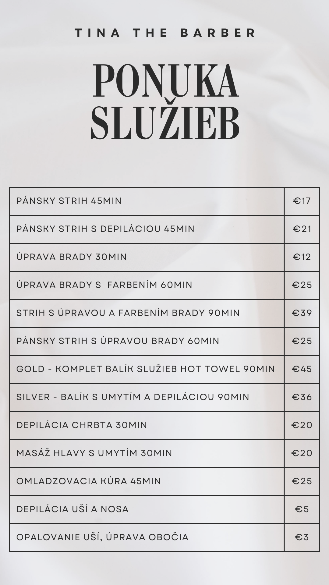 cennik price list tina barber levice